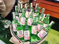 Soju display on basket shelf in store, Korean alcoholic drinks, Korean liquor in an Asian supermarket Royalty Free Stock Photo