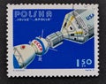 Sojuz and Apollo space ship meeting. CCCP and USA. Old Polish post stamp.