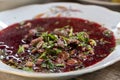 Sok Lek,Raw Beef and duck Blood in North East or Isaan Local Food in Thailand and Laos Royalty Free Stock Photo
