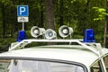 Sokolniki Park, Moscow, Russia-May 21, 2016: the front part of the old police car `Volkswagen`, with installed special signals, li