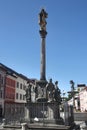 Sokolov, Czech Republic - August 10, 2023: Plague Column on the Market Square in center of Sokolov, a town in the Karlovy Vary