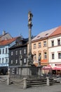 Sokolov, Czech Republic - August 10, 2023: Plague Column on the Market Square in center of Sokolov, a town in the Karlovy Vary