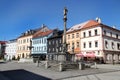 Sokolov, Czech Republic - August 10, 2023: Plague Column on the Market Square in center of Sokolov, a town in the Karlovy Vary
