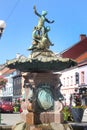 Sokolov, Czech Republic - August 10, 2023: Sculpture in the fountain on the Market Square in center of Sokolov, a town in the