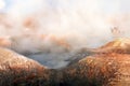 The Sol de la Manana, Rising Sun steaming geyser field high up in a massive crater in Bolivian Altiplano, Bolivia Royalty Free Stock Photo