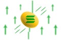 Solana coin up. Green arrow up with gaussian blur effect background. Solana market price soaring. Green chart rise up.