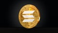 solana cryptocurrency, sol token sign and logo on golden coin, 3d rendering on a black background