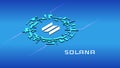Solana SOL isometric token symbol in digital circle on blue background.
