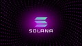 Solana SOL token symbol cryptocurrency in the center of spiral of glowing dots on dark background.