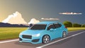 Vector or illustration of transportation. Blue car driving on the asphalt road. Royalty Free Stock Photo