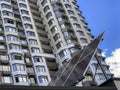 The solar battery panel mounted near modern apartment building in Kyiv, Ukraine Royalty Free Stock Photo