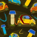Solar Car Charging Vector Illustration With Dark Background Seamless Pattern