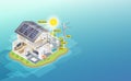 Solar cell diagram house system isometric 3d blue background