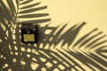 Solar cell light on the wall. A small solar panel mounted on an outdoor building wall with sunlight and shadow leaves on wall Royalty Free Stock Photo