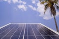 Solar cells panels with coconut tree and blue sky background Royalty Free Stock Photo