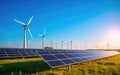 solar cells with wind turbines generating electricity in hybrid power plant systems station, alternative renewable energy, Ecology Royalty Free Stock Photo