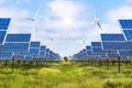 Solar cells and wind turbines generating electricity in power station alternative renewable energy
