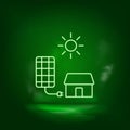 Solar, charger, home neon vector icon. Save the world, green neon