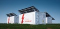 Solar container unit. 3d rendering concept of a white industrial battery energy storage container with mounted black solar panels Royalty Free Stock Photo