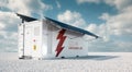 Solar container unit. 3d rendering concept of a white industrial battery energy storage container with mounted black solar panels