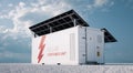 Solar container unit. 3d rendering concept of a white industrial battery energy storage container with mounted black solar panels Royalty Free Stock Photo