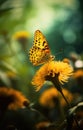 Solar Dance: Butterfly Resting on a Flower in Soft Yellow Hues AI Generated