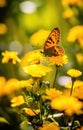 Solar Dance: Butterfly Resting on a Flower in Soft Yellow Hues AI Generated