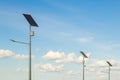 Solar device with street lamp on background of blue sky. Street light powered by solar panel with battery included. Alternative Royalty Free Stock Photo