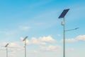 Solar device with street lamp on background of blue sky. Street light powered by solar panel with battery included. Alternative Royalty Free Stock Photo