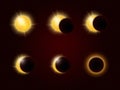Solar eclipse in different phases, full cycle, realistic sun glow and sunshine ring Royalty Free Stock Photo