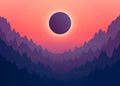 Solar eclipse in nature with mountain. Moon shading sun. Eclipse phase with formation total umbra. Vector