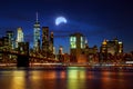 Solar eclipse, New York NY august 21 2017New York City& x27;s Brooklyn Bridge and Manhattan skyline illuminated Royalty Free Stock Photo