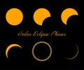 Solar eclipse phases. Isolated on black background. Vector. Royalty Free Stock Photo