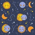 Solar eclipse phases. Stars and constellations. Hand drawn vector Royalty Free Stock Photo