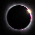 Solar eclipse ring with multiple colors, diamond flare, and prominences Royalty Free Stock Photo