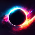 Solar eclipse. Space background with planet and stars. Vector illustration. Generative AI