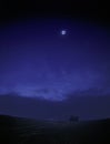 Solar eclipse at totality showing silhouette of tree on horizon