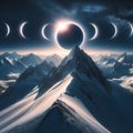 A solar eclipse viewed from a snowy peak, casting a dark shadw Royalty Free Stock Photo