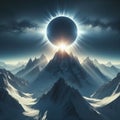 A solar eclipse viewed from a snowy peak, casting a dark shadw Royalty Free Stock Photo