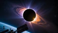A solar eclipse viewed from space, showing the Moon obscuring the Sun with a vibrant orange Royalty Free Stock Photo