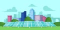 Solar energy. Solar batteries in the middle of a green field. City on the back. Clear modern design. Simple design template. Royalty Free Stock Photo