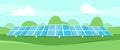 Solar energy. Solar batteries in the middle of a green field. Landscape on the back. Clear modern design. Simple design template. Royalty Free Stock Photo