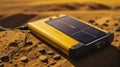 Solar Energy Battery Creative Concept Image. Solar powered cell phone plugged into a battery on yellow background.