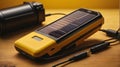 Solar Energy Battery Creative Concept Image. Solar powered cell phone plugged into a battery on yellow background.