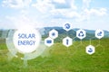 Solar energy. Scheme with icons and mountain landscape on background