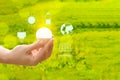 Solar energy icon, renewable energy signs, ecology concept, environmental care, lamp in hand on a green background of nature with