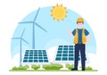 Solar Energy Installation, Panel or Wind Turbine Maintenance Illustration with Home Service Team to Electricity Network Operation