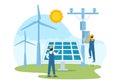 Solar Energy Installation, Panel or Wind Turbine Maintenance Illustration with Home Service Team to Electricity Network Operation