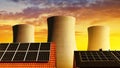 Solar energy panel on the roof of the house in the background cooling towers of nuclear power plant. Royalty Free Stock Photo