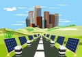 Solar energy panels along the highway, city buildings on the end of the roads, countryside, concept
